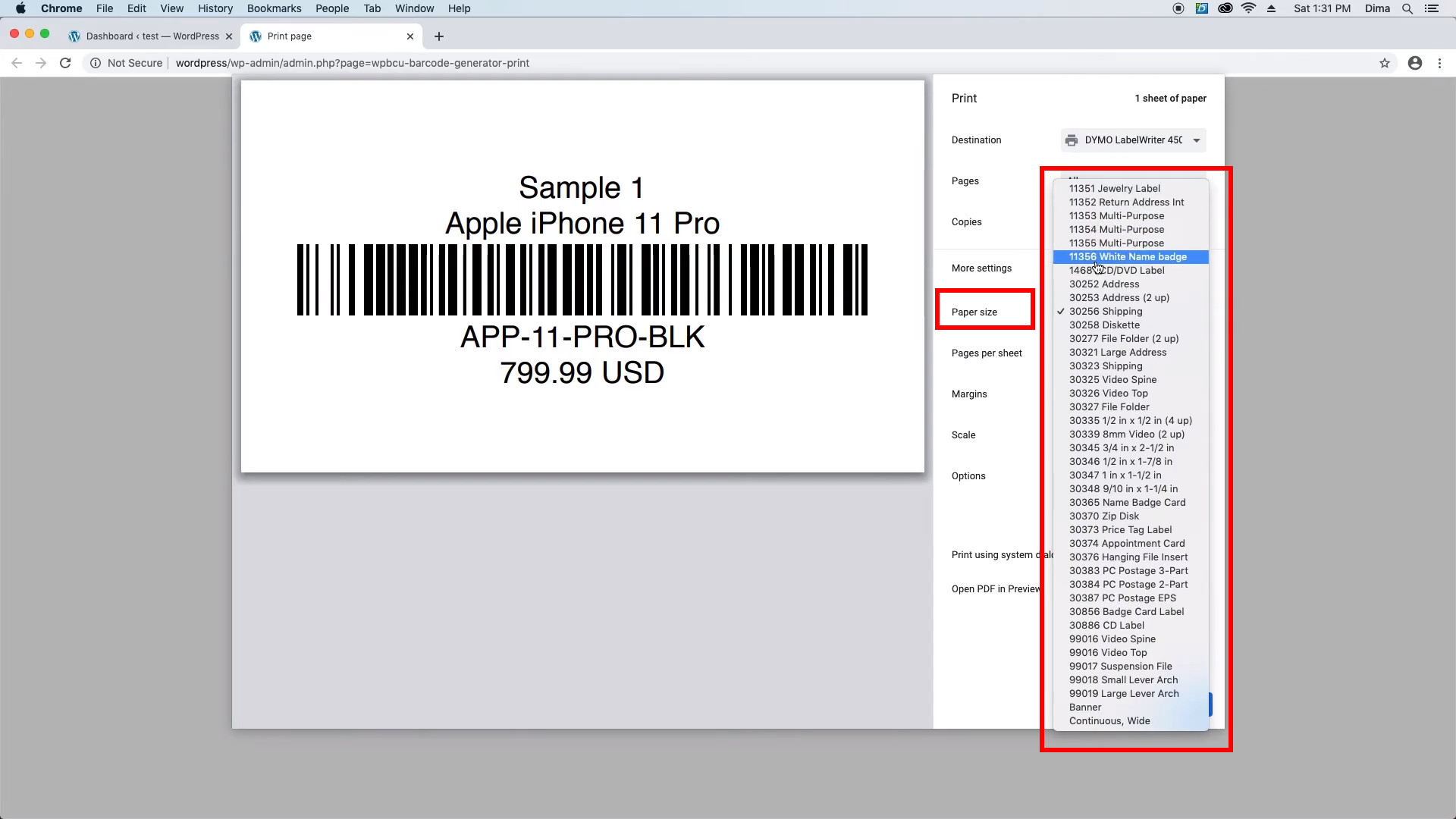 dymo label sizes