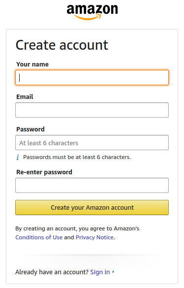 Amazon Registration Form