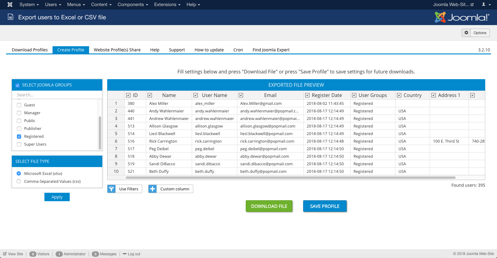 Export user. Csv. user name csv.