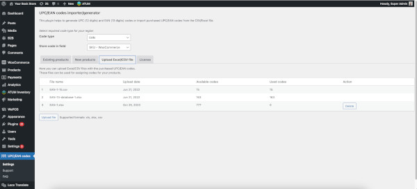 Upload Excel or CSV file with real/purchased EAN/UPC codes